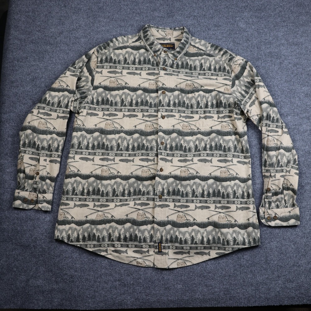 Woolrich Shirt Mens 2XL Gray Green Fishing Trout Scenic Button Front‎ Cotton